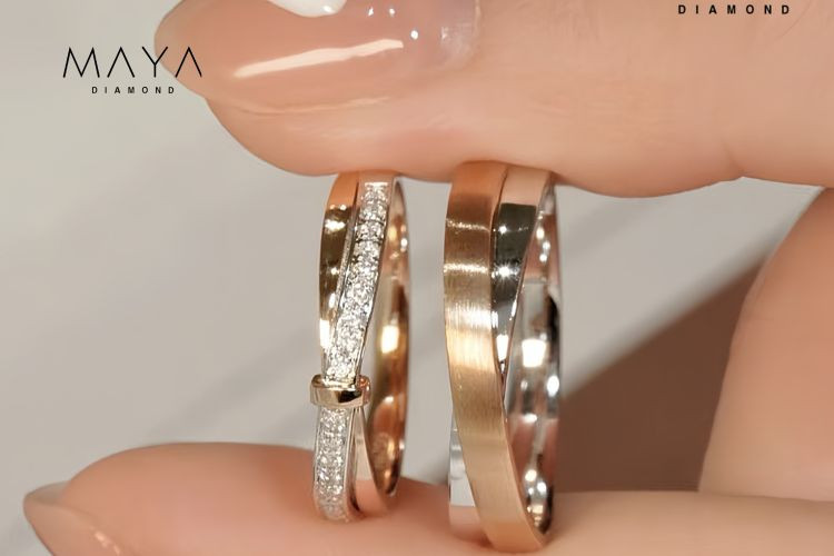 Nhẫn cưới nữ 14K, vỏ đính 16 viên kim tấm 